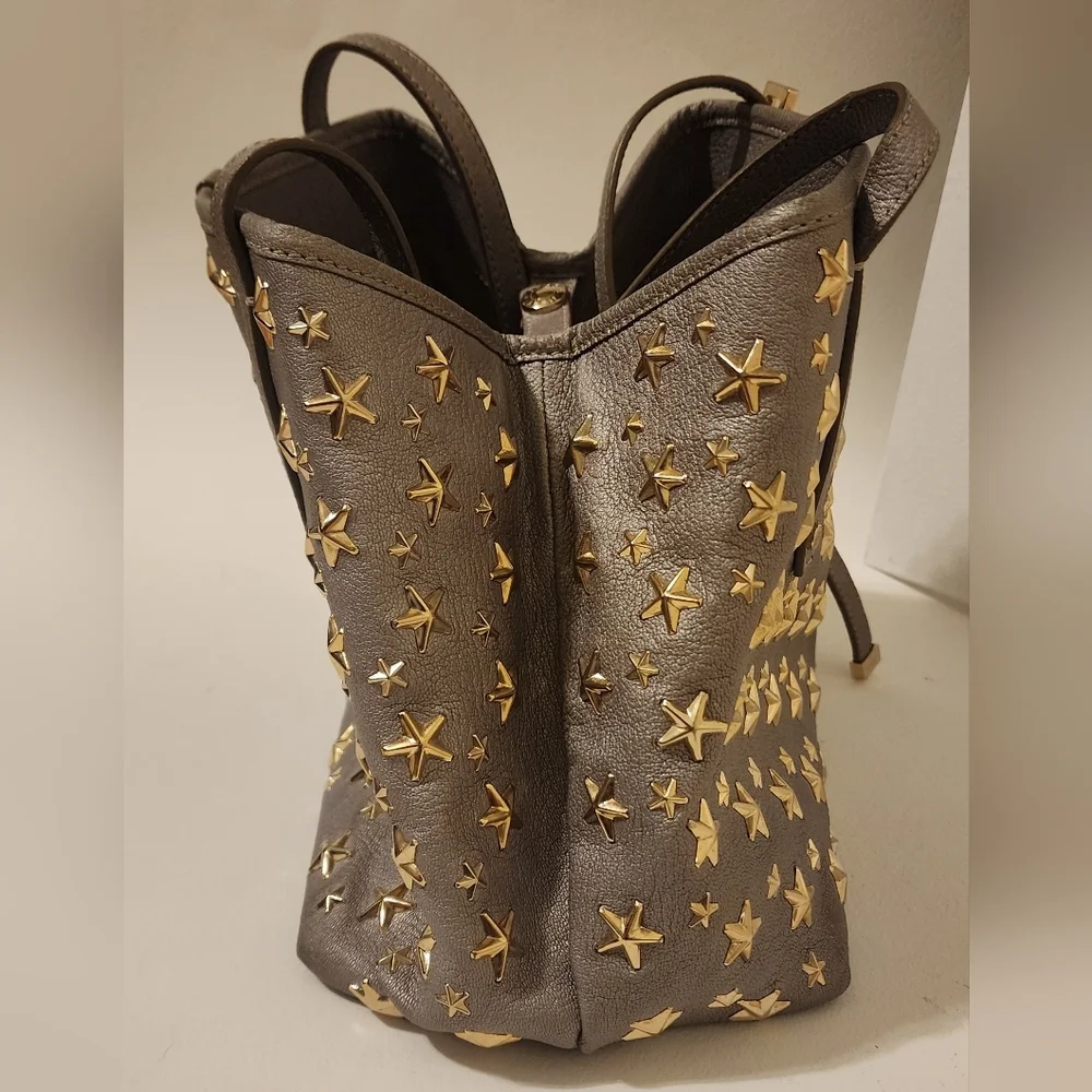 Jimmy Choo's Sasha Star-Studded Gray Metallic, Adjustable Tote Bag - Picture 9 of 10